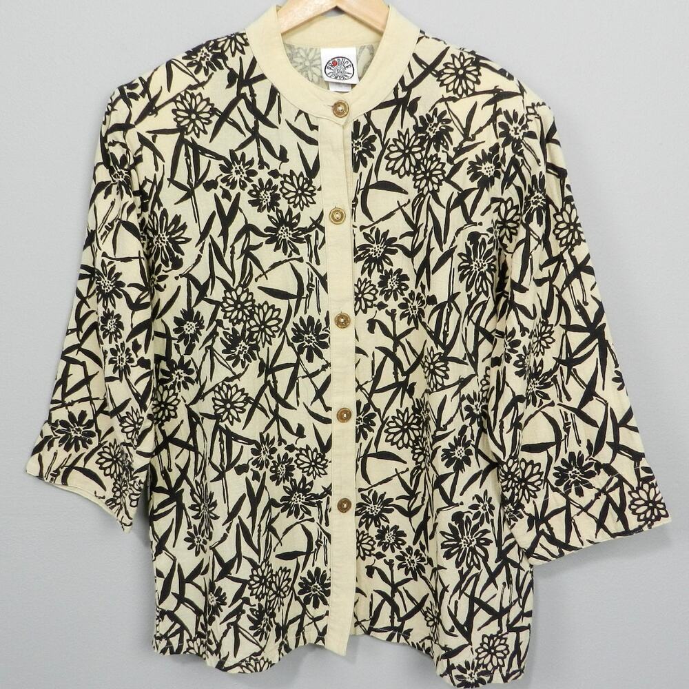 Vintage‎ Produce Company Cotton Jacket Sz XL Beige Black Floral Boxy Button Up